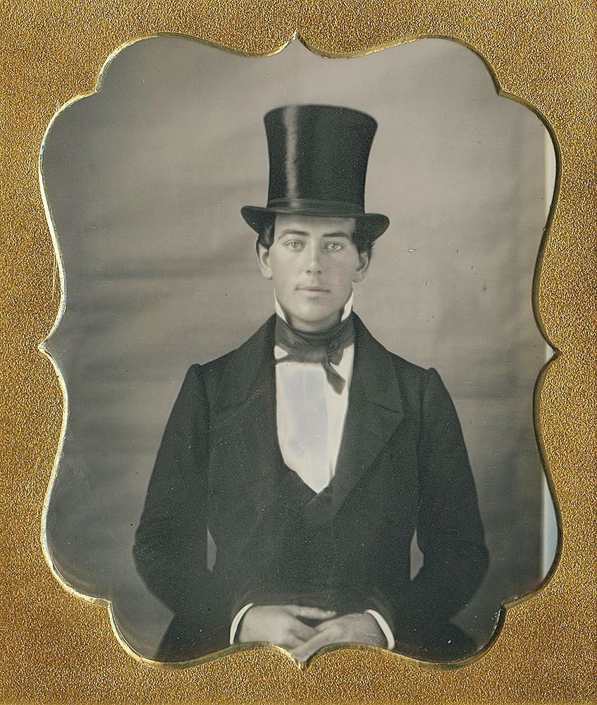 Daguerreotype of an elegant young man in a top hat, circa 1850